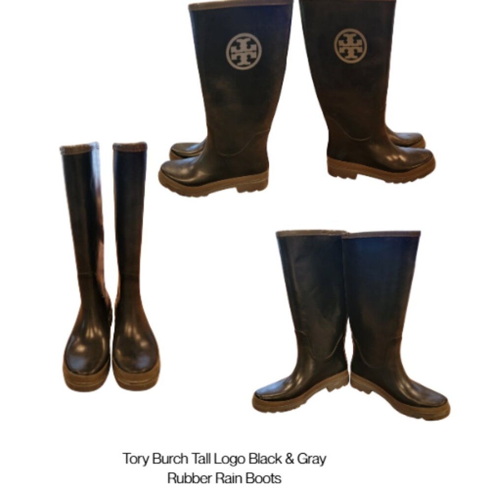 Tory Burch Tall Logo Black & Gray Rubber Rain Boots